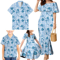 Anthurium Pikake Ti Leaf Palaka Family Matching Mermaid Dress and Hawaiian Shirt Blue Version LT01 - Polynesian Pride
