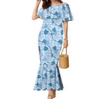 Anthurium Pikake Ti Leaf Palaka Family Matching Mermaid Dress and Hawaiian Shirt Blue Version LT01 Mom's Dress Blue - Polynesian Pride