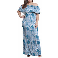 Anthurium Pikake Ti Leaf Palaka Family Matching Off Shoulder Maxi Dress and Hawaiian Shirt Blue Version