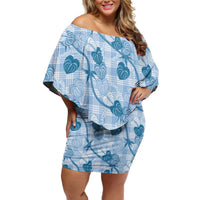 Anthurium Pikake Ti Leaf Palaka Family Matching Off Shoulder Short Dress and Hawaiian Shirt Blue Version
