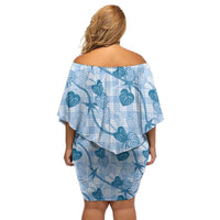Anthurium Pikake Ti Leaf Palaka Family Matching Off Shoulder Short Dress and Hawaiian Shirt Blue Version