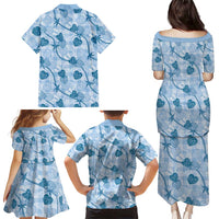 Anthurium Pikake Ti Leaf Palaka Family Matching Puletasi and Hawaiian Shirt Blue Version