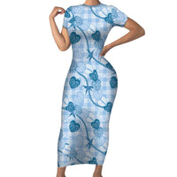 Anthurium Pikake Ti Leaf Palaka Family Matching Short Sleeve Bodycon Dress and Hawaiian Shirt Blue Version LT01 Mom's Dress Blue - Polynesian Pride