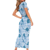Anthurium Pikake Ti Leaf Palaka Family Matching Short Sleeve Bodycon Dress and Hawaiian Shirt Blue Version LT01 - Polynesian Pride