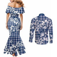 Hibiscus Pakala Cobalt Blue Royal Couples Matching Mermaid Dress and Long Sleeve Button Shirt Tropical Floral Stylized LT01 - Polynesian Pride