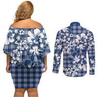 Hibiscus Pakala Cobalt Blue Royal Couples Matching Off Shoulder Short Dress and Long Sleeve Button Shirt Tropical Floral Stylized LT01 - Polynesian Pride