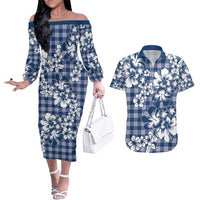 Hibiscus Pakala Cobalt Blue Royal Couples Matching Off The Shoulder Long Sleeve Dress and Hawaiian Shirt Tropical Floral Stylized LT01 Blue - Polynesian Pride