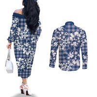 Hibiscus Pakala Cobalt Blue Royal Couples Matching Off The Shoulder Long Sleeve Dress and Long Sleeve Button Shirt Tropical Floral Stylized LT01 - Polynesian Pride