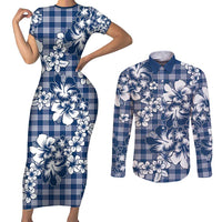 Hibiscus Pakala Cobalt Blue Royal Couples Matching Short Sleeve Bodycon Dress and Long Sleeve Button Shirt Tropical Floral Stylized LT01 Blue - Polynesian Pride