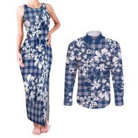 Hibiscus Pakala Cobalt Blue Royal Couples Matching Tank Maxi Dress and Long Sleeve Button Shirt Tropical Floral Stylized LT01 Blue - Polynesian Pride