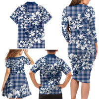 Hibiscus Pakala Cobalt Blue Royal Family Matching Long Sleeve Bodycon Dress and Hawaiian Shirt Tropical Floral Stylized LT01 - Polynesian Pride