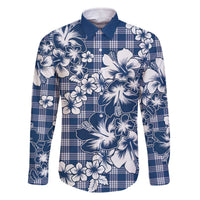 Hibiscus Pakala Cobalt Blue Royal Family Matching Off The Shoulder Long Sleeve Dress and Hawaiian Shirt Tropical Floral Stylized LT01 Dad's Shirt - Long Sleeve Blue - Polynesian Pride