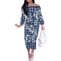 Hibiscus Pakala Cobalt Blue Royal Family Matching Off The Shoulder Long Sleeve Dress and Hawaiian Shirt Tropical Floral Stylized LT01 Mom's Dress Blue - Polynesian Pride