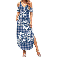 Hibiscus Pakala Cobalt Blue Royal Family Matching Summer Maxi Dress and Hawaiian Shirt Tropical Floral Stylized LT01 Mom's Dress Blue - Polynesian Pride