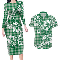 Hibiscus Pakala Emerald Green Couples Matching Long Sleeve Bodycon Dress and Hawaiian Shirt Tropical Floral Stylized LT01 Green - Polynesian Pride