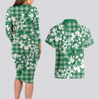 Hibiscus Pakala Emerald Green Couples Matching Long Sleeve Bodycon Dress and Hawaiian Shirt Tropical Floral Stylized LT01 - Polynesian Pride