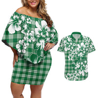 Hibiscus Pakala Emerald Green Couples Matching Off Shoulder Short Dress and Hawaiian Shirt Tropical Floral Stylized LT01 Green - Polynesian Pride
