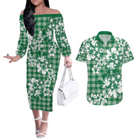 Hibiscus Pakala Emerald Green Couples Matching Off The Shoulder Long Sleeve Dress and Hawaiian Shirt Tropical Floral Stylized LT01 Green - Polynesian Pride