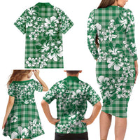 Hibiscus Pakala Emerald Green Family Matching Long Sleeve Bodycon Dress and Hawaiian Shirt Tropical Floral Stylized LT01 - Polynesian Pride