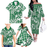 Hibiscus Pakala Emerald Green Family Matching Off The Shoulder Long Sleeve Dress and Hawaiian Shirt Tropical Floral Stylized LT01 - Polynesian Pride
