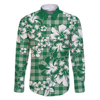 Hibiscus Pakala Emerald Green Family Matching Off The Shoulder Long Sleeve Dress and Hawaiian Shirt Tropical Floral Stylized LT01 Dad's Shirt - Long Sleeve Green - Polynesian Pride