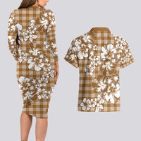 Hibiscus Pakala Bronze Brown Couples Matching Long Sleeve Bodycon Dress and Hawaiian Shirt Tropical Floral Stylized LT01 - Polynesian Pride
