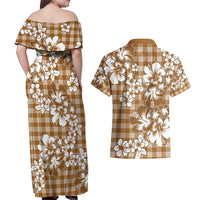 Hibiscus Pakala Bronze Brown Couples Matching Off Shoulder Maxi Dress and Hawaiian Shirt Tropical Floral Stylized LT01 - Polynesian Pride