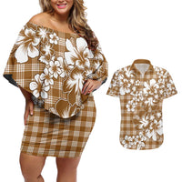 Hibiscus Pakala Bronze Brown Couples Matching Off Shoulder Short Dress and Hawaiian Shirt Tropical Floral Stylized LT01 Brown - Polynesian Pride