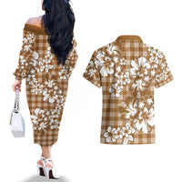 Hibiscus Pakala Bronze Brown Couples Matching Off The Shoulder Long Sleeve Dress and Hawaiian Shirt Tropical Floral Stylized LT01 - Polynesian Pride