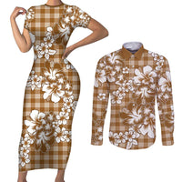 Hibiscus Pakala Bronze Brown Couples Matching Short Sleeve Bodycon Dress and Long Sleeve Button Shirt Tropical Floral Stylized LT01 Brown - Polynesian Pride