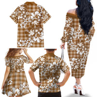 Hibiscus Pakala Bronze Brown Family Matching Off The Shoulder Long Sleeve Dress and Hawaiian Shirt Tropical Floral Stylized LT01 - Polynesian Pride