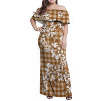 Hibiscus Pakala Bronze Brown Family Matching Off Shoulder Maxi Dress and Hawaiian Shirt Tropical Floral Stylized LT01 Mom's Dress Brown - Polynesian Pride