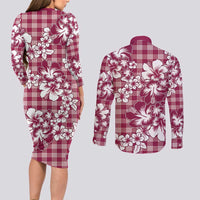 Hibiscus Pakala Royal Magenta Couples Matching Long Sleeve Bodycon Dress and Long Sleeve Button Shirt Tropical Floral Stylized LT01 - Polynesian Pride