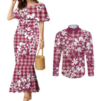 Hibiscus Pakala Royal Magenta Couples Matching Mermaid Dress and Long Sleeve Button Shirt Tropical Floral Stylized LT01 Magenta - Polynesian Pride