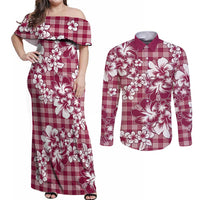 Hibiscus Pakala Royal Magenta Couples Matching Off Shoulder Maxi Dress and Long Sleeve Button Shirt Tropical Floral Stylized LT01 Magenta - Polynesian Pride