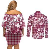 Hibiscus Pakala Royal Magenta Couples Matching Off Shoulder Short Dress and Long Sleeve Button Shirt Tropical Floral Stylized LT01 - Polynesian Pride