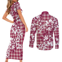 Hibiscus Pakala Royal Magenta Couples Matching Short Sleeve Bodycon Dress and Long Sleeve Button Shirt Tropical Floral Stylized LT01 - Polynesian Pride