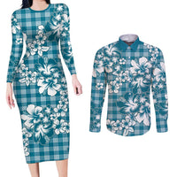 Hibiscus Pakala Ocean Depths Blue Couples Matching Long Sleeve Bodycon Dress and Long Sleeve Button Shirt Tropical Floral Stylized LT01 Blue - Polynesian Pride