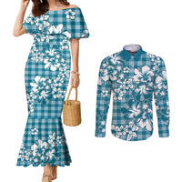 Hibiscus Pakala Ocean Depths Blue Couples Matching Mermaid Dress and Long Sleeve Button Shirt Tropical Floral Stylized LT01 Blue - Polynesian Pride