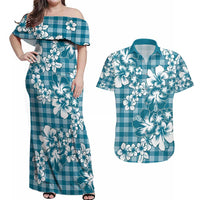 Hibiscus Pakala Ocean Depths Blue Couples Matching Off Shoulder Maxi Dress and Hawaiian Shirt Tropical Floral Stylized LT01 Blue - Polynesian Pride