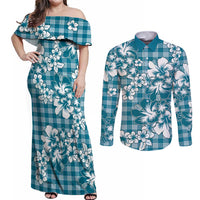 Hibiscus Pakala Ocean Depths Blue Couples Matching Off Shoulder Maxi Dress and Long Sleeve Button Shirt Tropical Floral Stylized LT01 Blue - Polynesian Pride