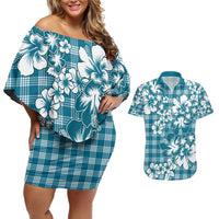 Hibiscus Pakala Ocean Depths Blue Couples Matching Off Shoulder Short Dress and Hawaiian Shirt Tropical Floral Stylized LT01 Blue - Polynesian Pride
