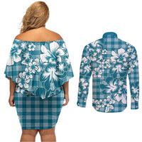 Hibiscus Pakala Ocean Depths Blue Couples Matching Off Shoulder Short Dress and Long Sleeve Button Shirt Tropical Floral Stylized LT01 - Polynesian Pride