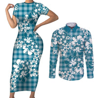 Hibiscus Pakala Ocean Depths Blue Couples Matching Short Sleeve Bodycon Dress and Long Sleeve Button Shirt Tropical Floral Stylized LT01 Blue - Polynesian Pride