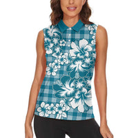 Hibiscus Pakala Ocean Depths Blue Women Sleeveless Polo Shirt Tropical Floral Stylized LT01 - Polynesian Pride
