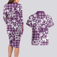 Hibiscus Pakala Sweetie Purple Couples Matching Long Sleeve Bodycon Dress and Hawaiian Shirt Tropical Floral Stylized LT01 - Polynesian Pride