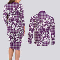 Hibiscus Pakala Sweetie Purple Couples Matching Long Sleeve Bodycon Dress and Long Sleeve Button Shirt Tropical Floral Stylized LT01 - Polynesian Pride