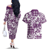 Hibiscus Pakala Sweetie Purple Couples Matching Off The Shoulder Long Sleeve Dress and Hawaiian Shirt Tropical Floral Stylized LT01 - Polynesian Pride