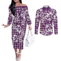 Hibiscus Pakala Sweetie Purple Couples Matching Off The Shoulder Long Sleeve Dress and Long Sleeve Button Shirt Tropical Floral Stylized LT01 Purple - Polynesian Pride