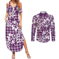 Hibiscus Pakala Sweetie Purple Couples Matching Summer Maxi Dress and Long Sleeve Button Shirt Tropical Floral Stylized LT01 Purple - Polynesian Pride